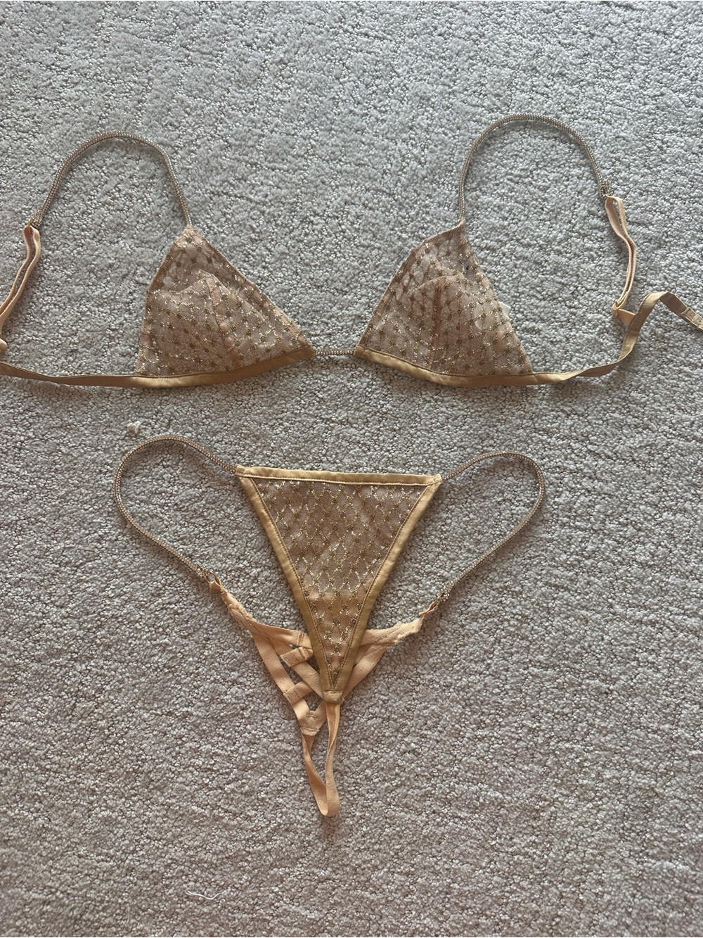 For Love & Lemons Metallic Gold Sheer Triangle Bikini Set